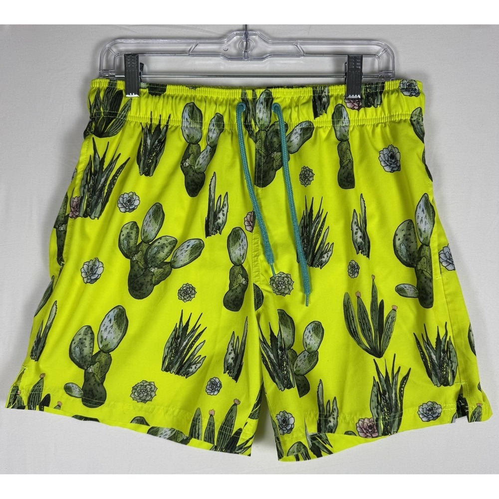 Jake Austin Swim Trunks Mens M Neon Yellow Cactus Print Mesh Lined Drawstring